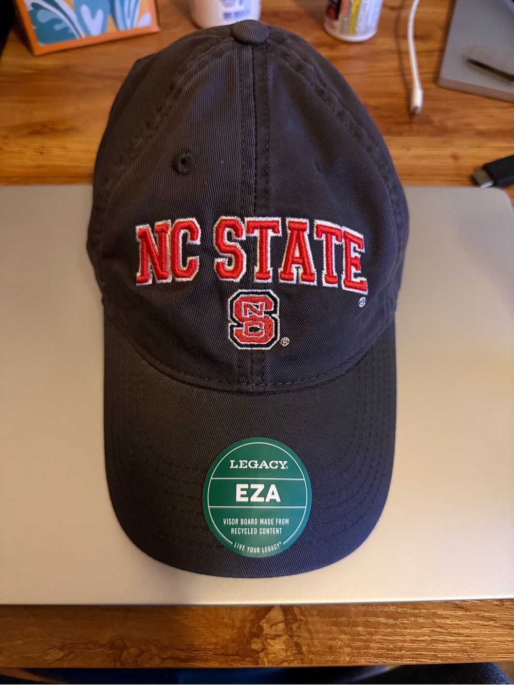 NC State Embroidered Baseball Cap - Dark Grey with Red & White Logo